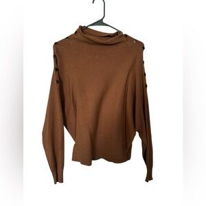 🐻Tahari Ribbed Brown Sweater Metal Button Sleeve Detail Elegant Knit Top🐻